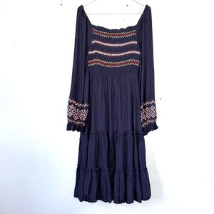 Hailey & Co Dress Large Blue Midi Tiered Smocked Boho Cottage Prairie Peasant